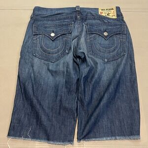 VTG Y2K USA True Religion Women Jean Baggy Jorts Short Biker Wash 34 Grunge-4645